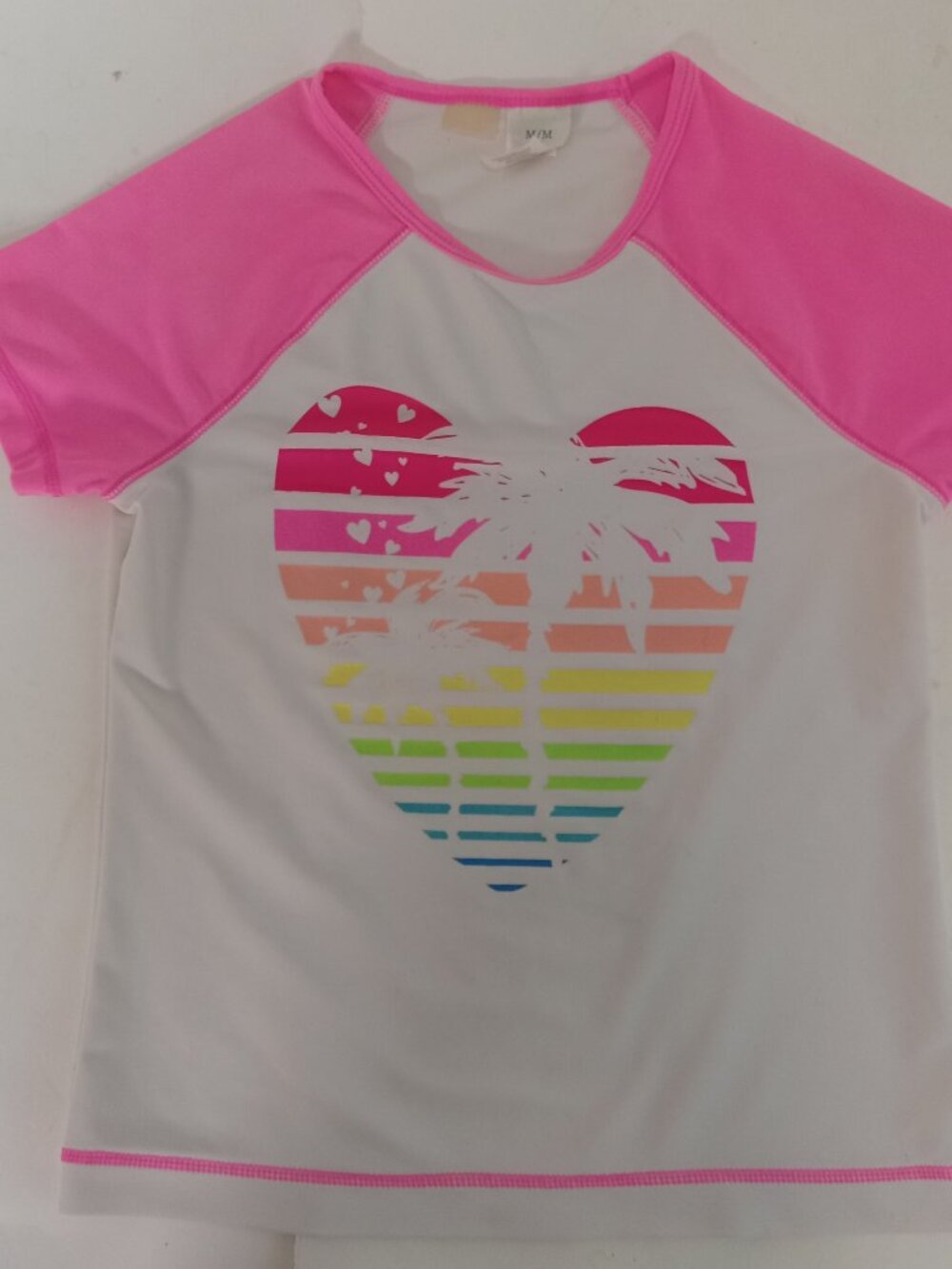 Girl Sz 8 Swim Shirt Tee Pink White Palm Tree Heart Rainbow Tropical Beach